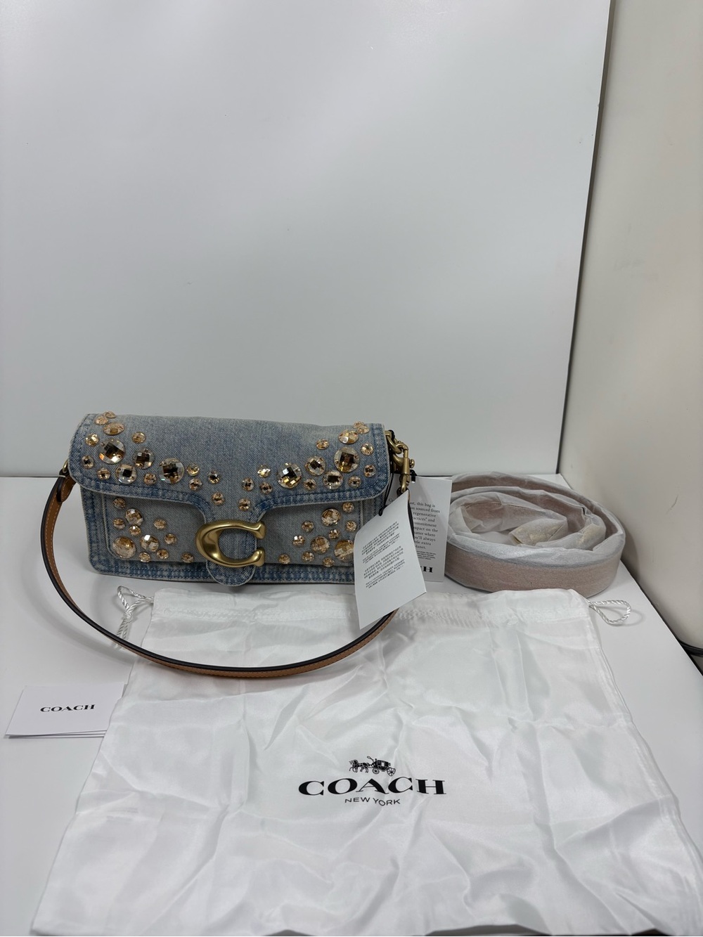 Coach Denim Crossbody with Gold Crystal Studs